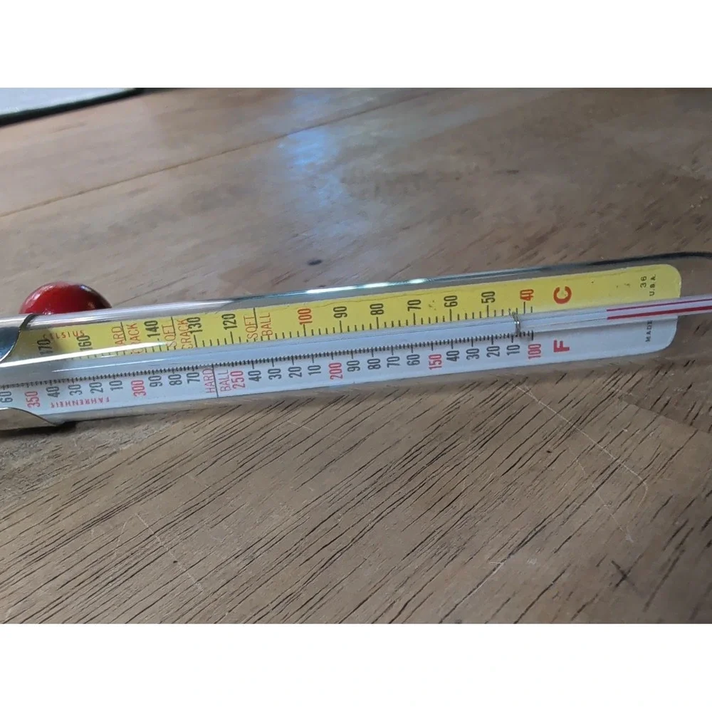 Vintage ACU-RITE Glass Deep Frying Candy Jelly Thermometer Attached Pot Clip